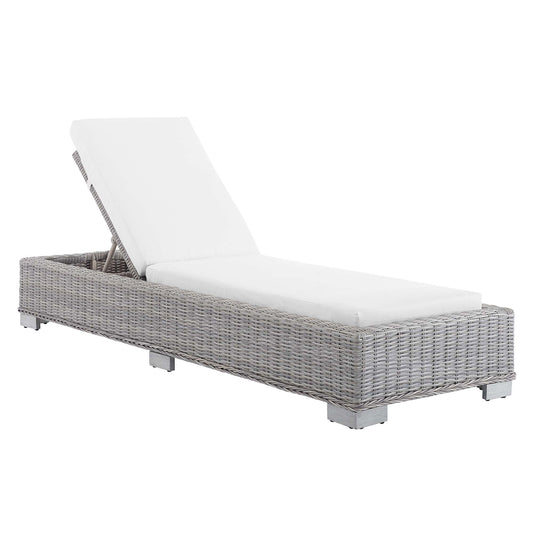 Conway Sunbrella wicker rattan chaise lounge with white cushions and adjustable back on Tampa Home & Garden Store