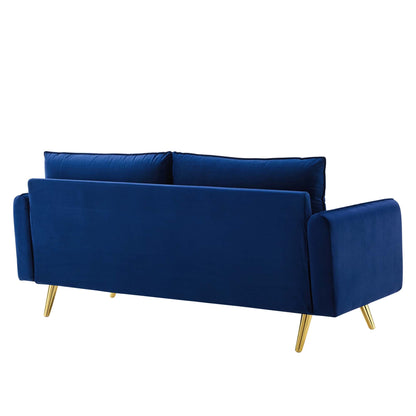 Revive Performance Velvet Sofa by Modway, blue velvet upholstery with gold-tone legs on Tampa Home & Garden Store