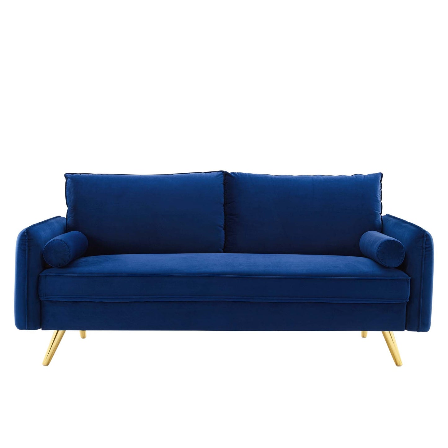 Revive Performance Velvet Sofa by Modway in blue velvet with two bolster pillows and gold legs on Tampa Home & Garden Store