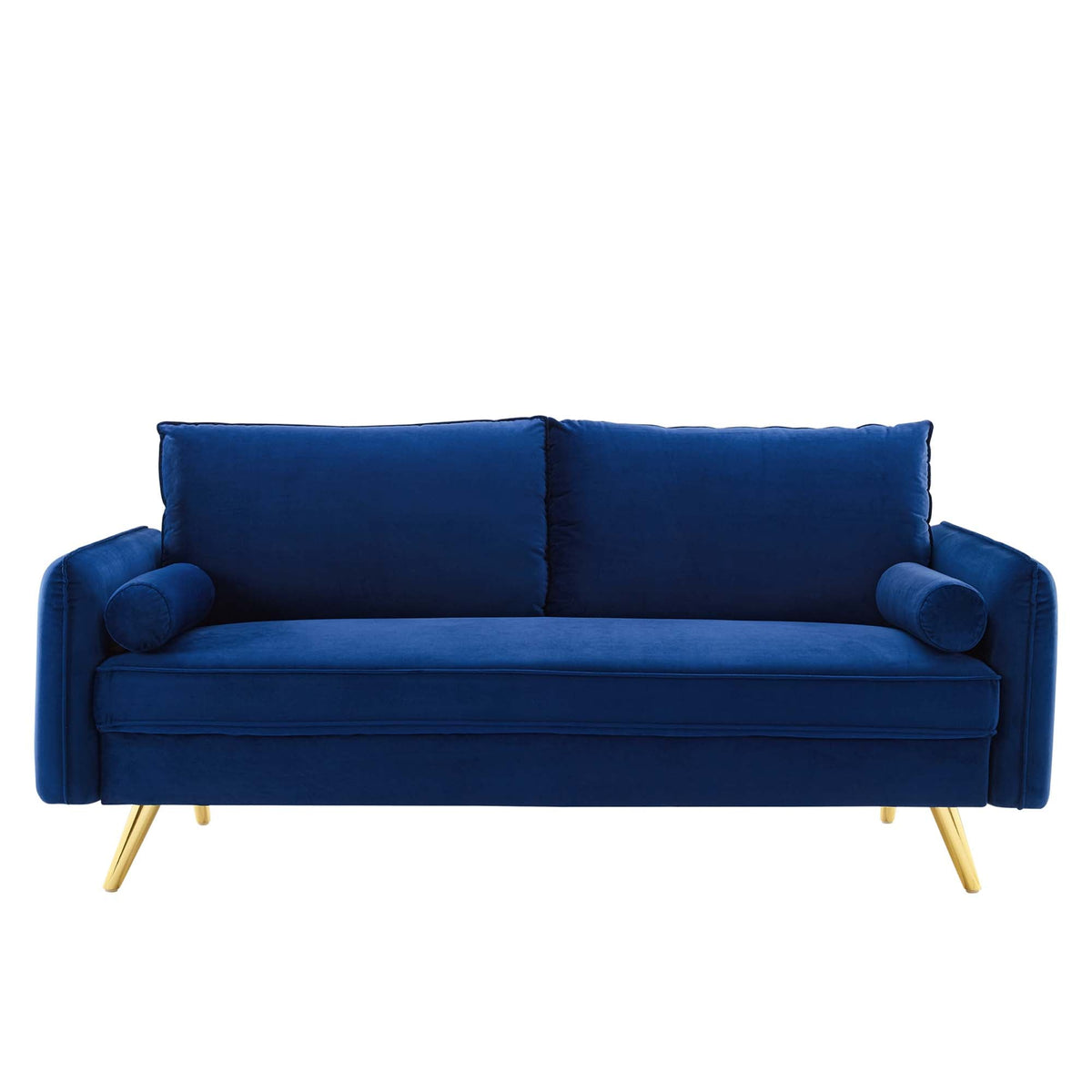Revive Performance Velvet Sofa by Modway in blue velvet with two bolster pillows and gold legs on Tampa Home & Garden Store