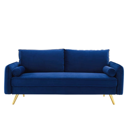 Revive Performance Velvet Sofa by Modway in blue velvet with two bolster pillows and gold legs on Tampa Home & Garden Store