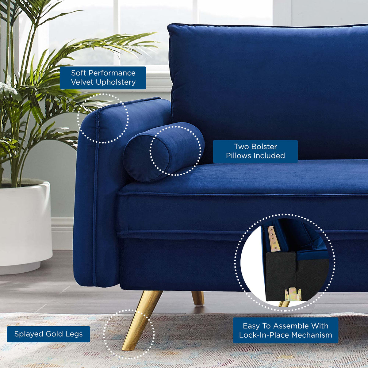 Revive Performance Velvet Sofa by Modway in deep blue velvet with splayed gold legs on Tampa Home & Garden Store