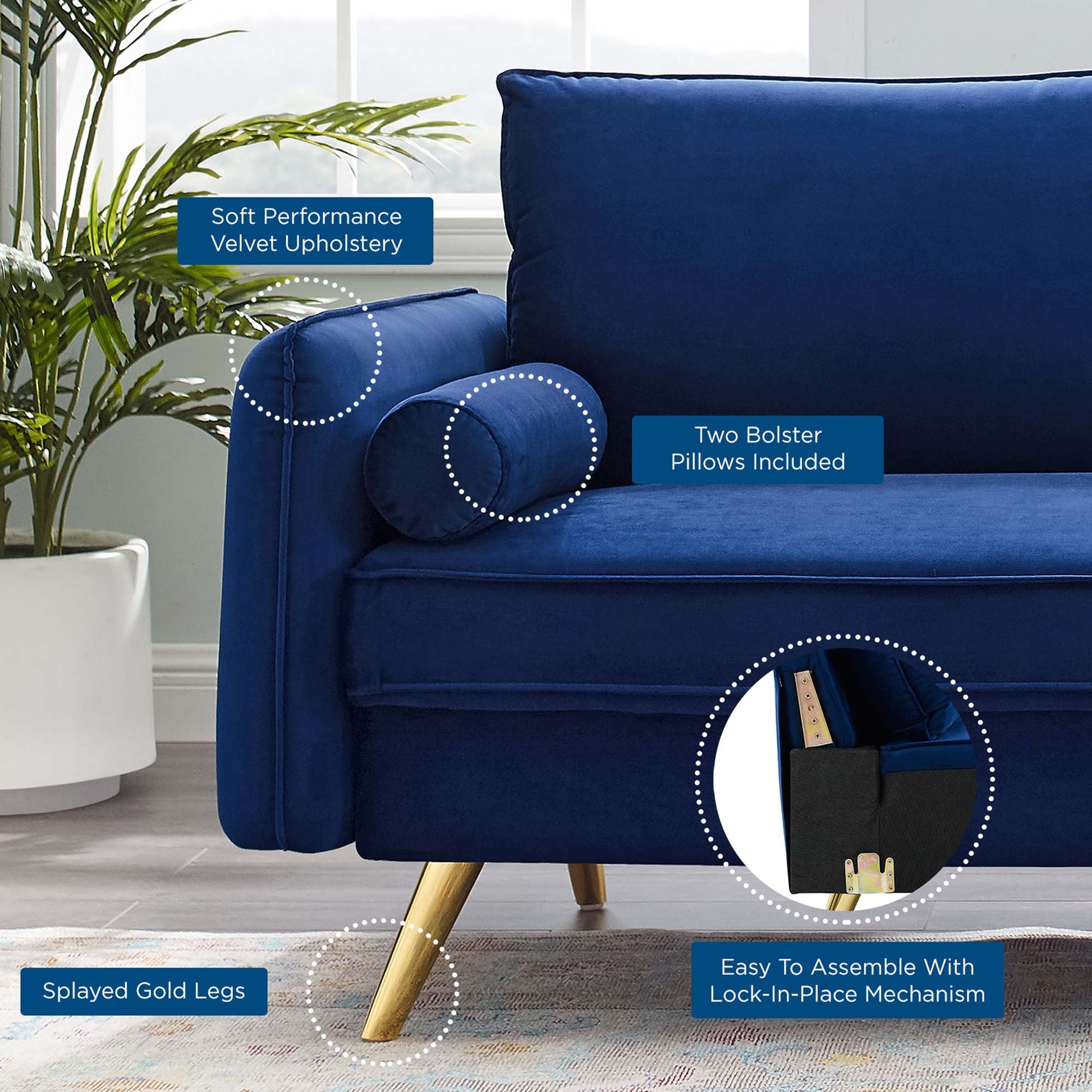 Revive Performance Velvet Sofa by Modway in deep blue velvet with splayed gold legs on Tampa Home & Garden Store