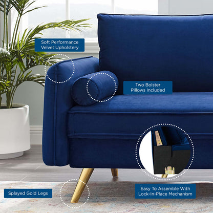 Revive Performance Velvet Sofa by Modway in deep blue velvet with splayed gold legs on Tampa Home & Garden Store
