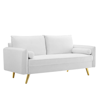 Revive Performance Velvet Sofa in white velvet with gold tapered legs on Tampa Home & Garden Store