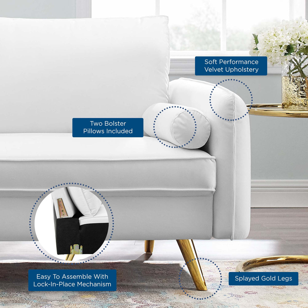 Revive Performance Velvet Sofa by Modway in white velvet with bolster pillows and gold legs on Tampa Home & Garden Store
