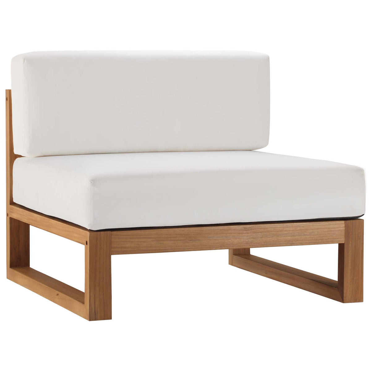 Upland outdoor teak wood armless chair with white cushions and wood frame on Tampa Home & Garden Store