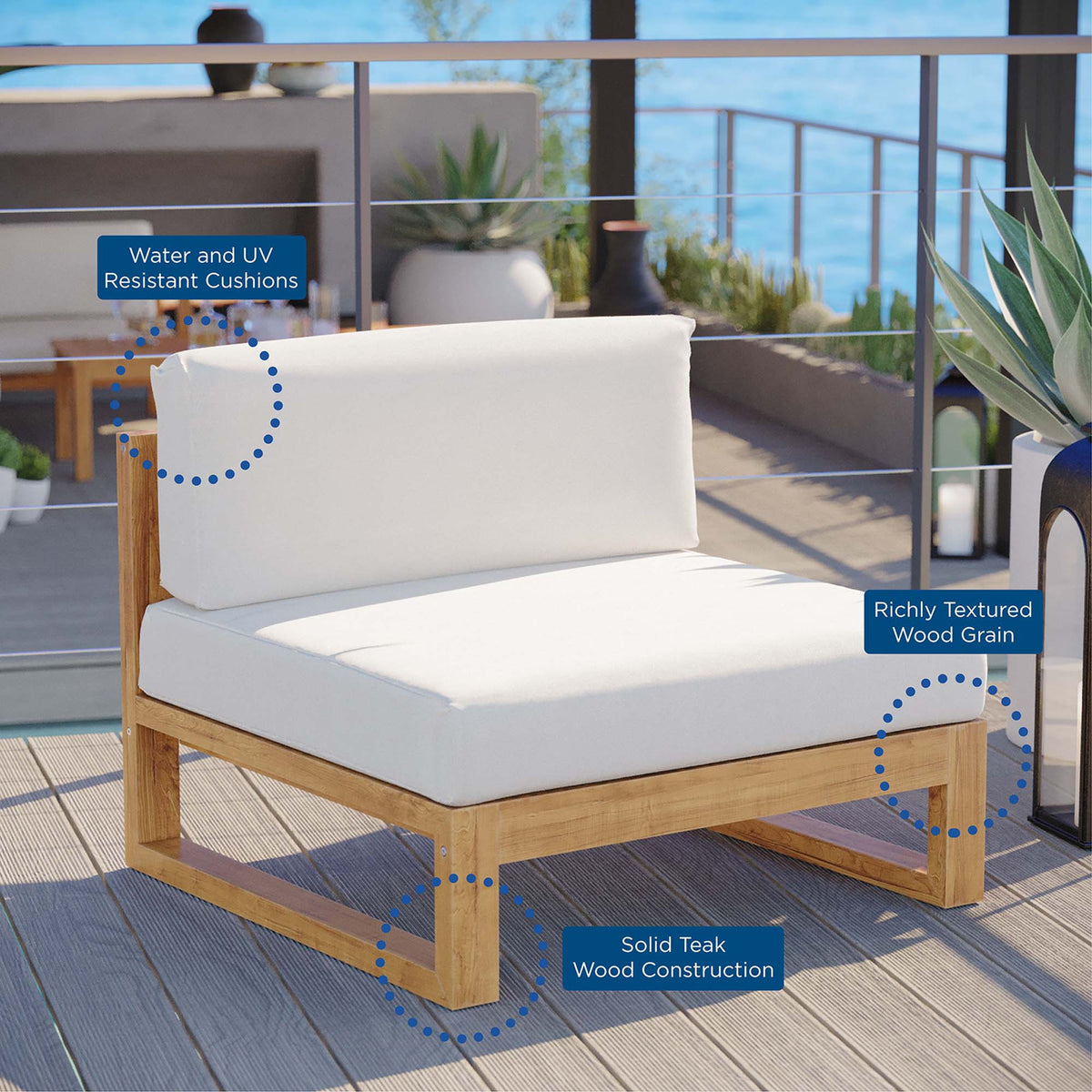 Upland Outdoor Patio Teak Wood Armless Chair by Modway with white cushions on Tampa Home & Garden Store