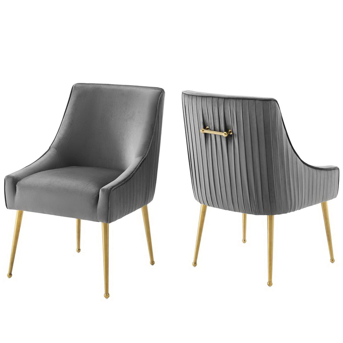 Discern Pleated Back Upholstered Velvet Dining Chairs, gray, set of 2 with gold legs on Tampa Home & Garden Store