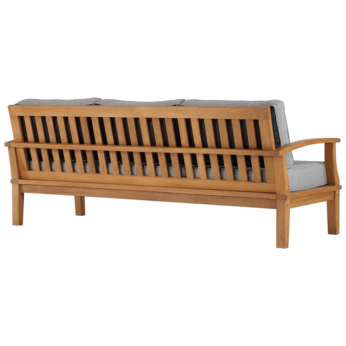 Marina outdoor teak sofa by Modway with gray cushions, slatted back, solid wood frame on Tampa Home & Garden Store