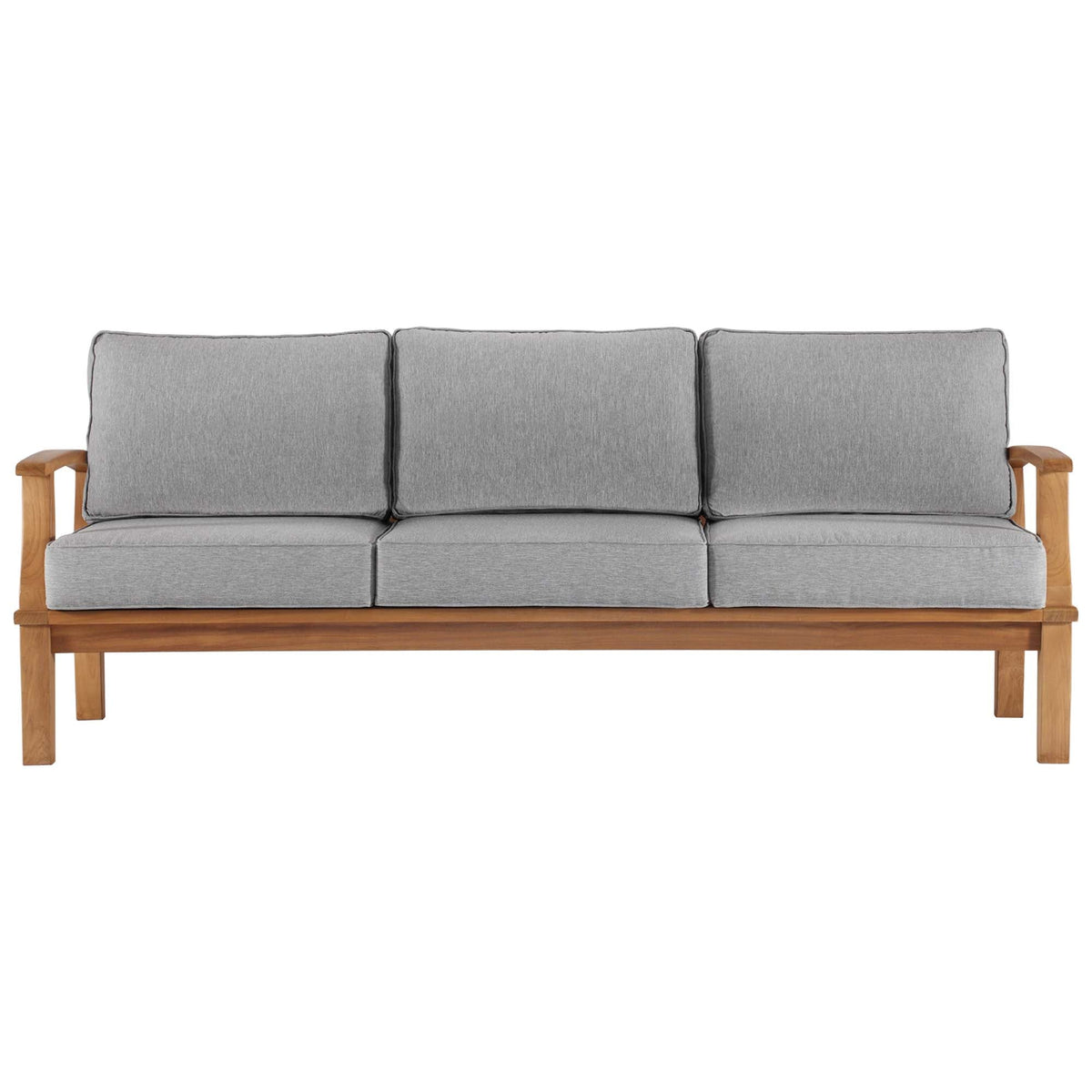 Marina outdoor teak sofa with gray cushions and wood frame on Tampa Home & Garden Store