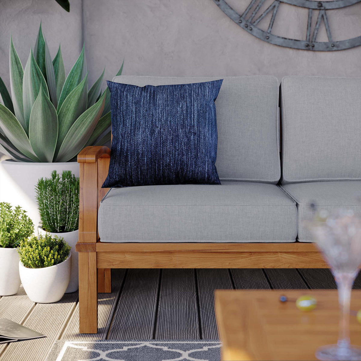 Marina outdoor teak sofa by Modway with grey cushions and a blue textured pillow on Tampa Home & Garden Store