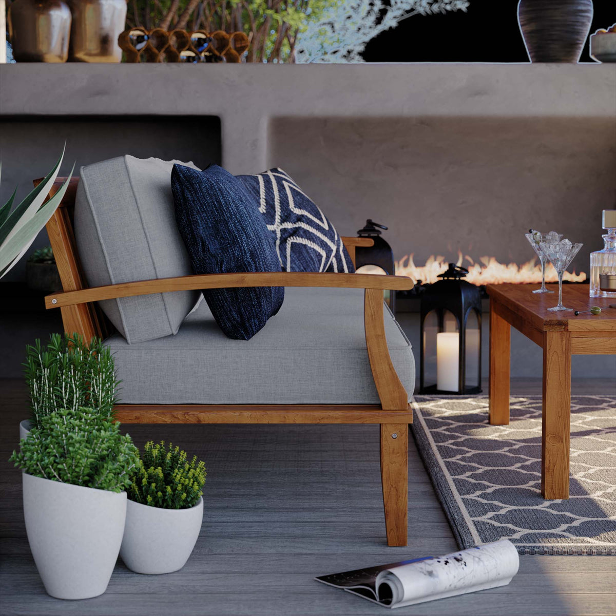 Marina Outdoor Teak Sofa by Modway with light gray cushions and navy patterned pillow on Tampa Home & Garden Store