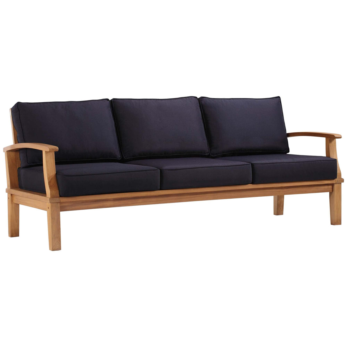 Marina Outdoor Patio Teak Sofa by Modway, navy cushion, teak frame, three-seat outdoor sofa on Tampa Home & Garden Store