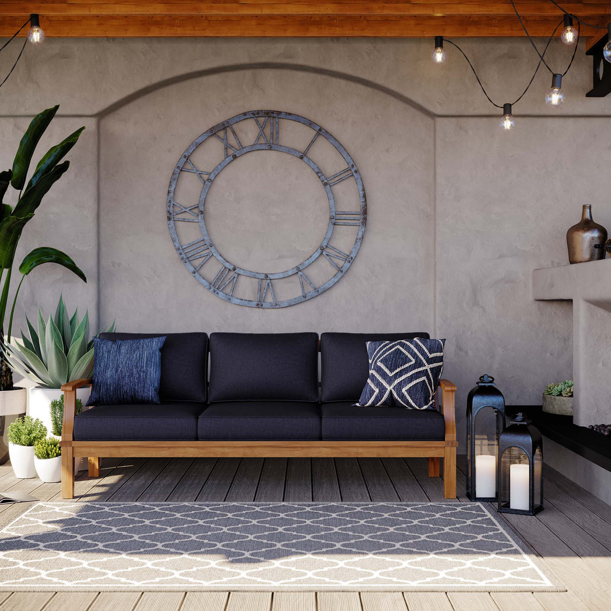Marina Outdoor Patio Teak Sofa by Modway with navy cushions and teak frame on Tampa Home & Garden Store