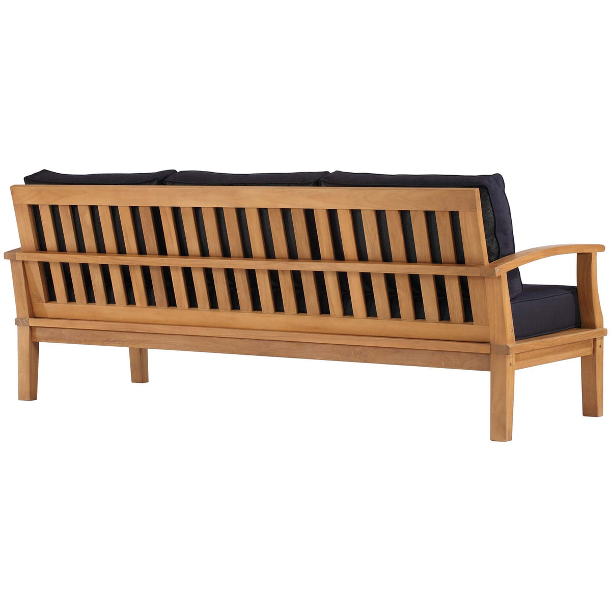 Marina Outdoor Patio Teak Sofa with dark cushions and slatted teak frame on Tampa Home & Garden Store
