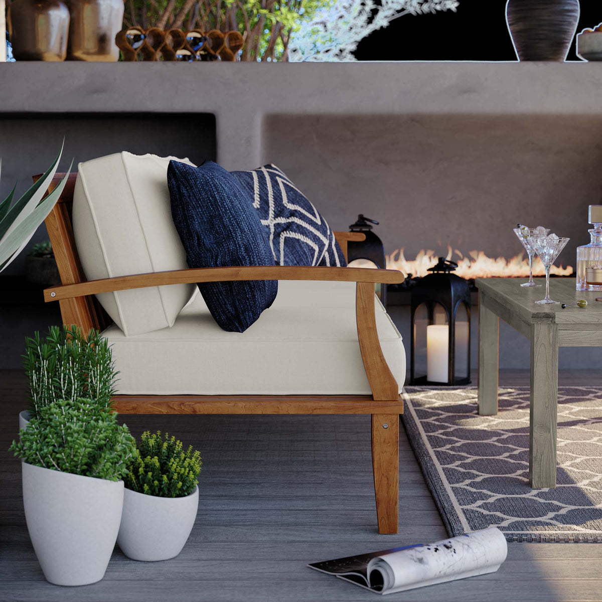 Marina Outdoor Teak Sofa by Modway with beige cushions on Tampa Home & Garden Store