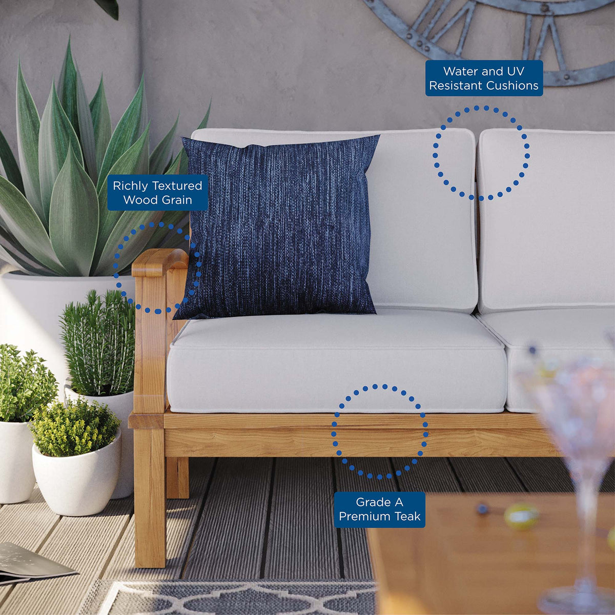 Marina Outdoor Teak Sofa by Modway with white cushions and blue pillow on teak wood frame on Tampa Home & Garden Store