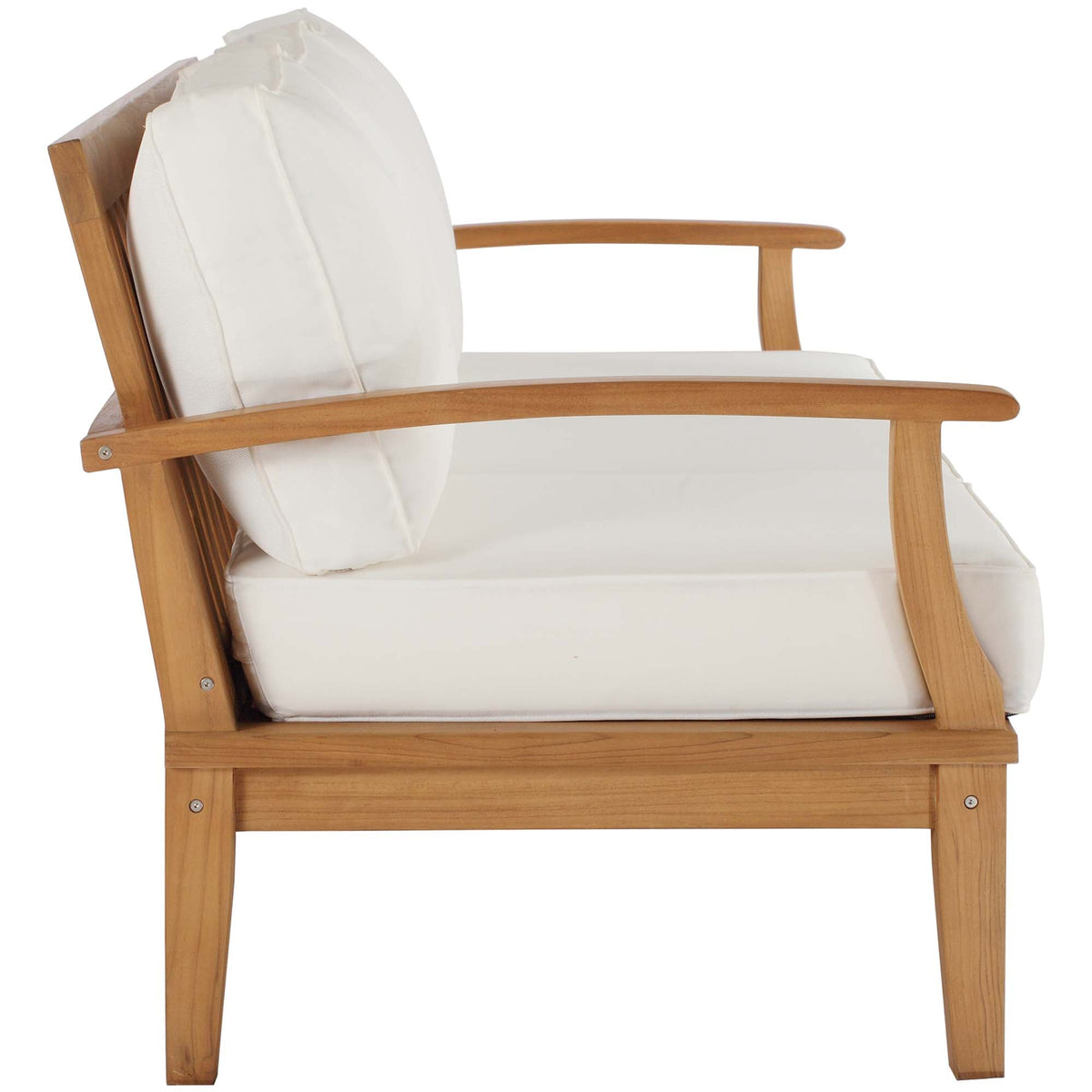 Marina outdoor teak sofa with white cushions and curved wooden arms on Tampa Home & Garden Store
