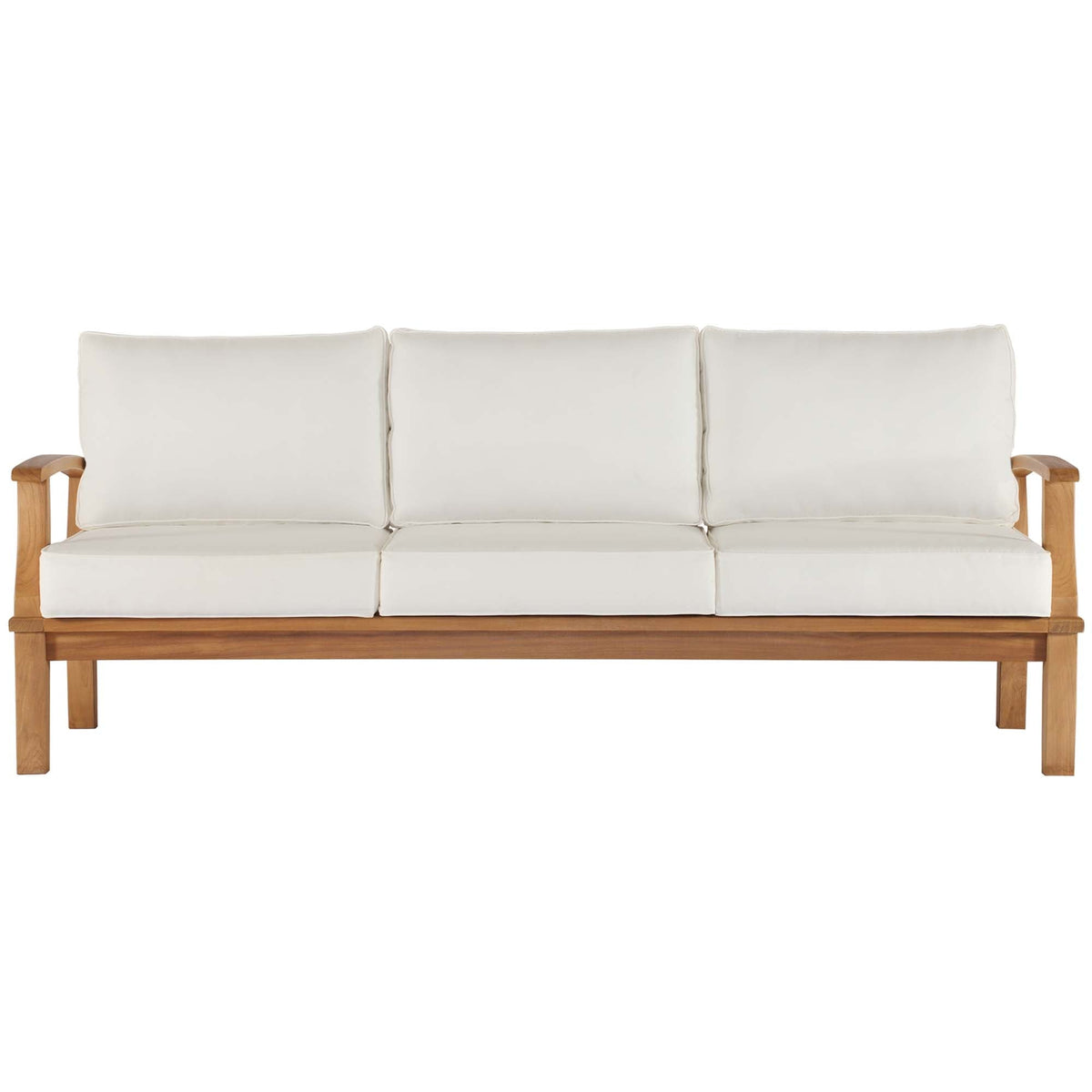 Marina outdoor teak sofa with white cushions, wooden frame by Modway on Tampa Home & Garden Store