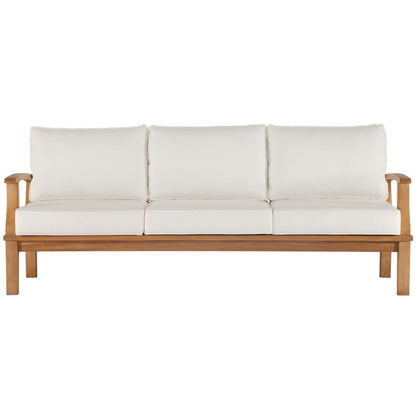 Marina outdoor teak sofa with white cushions, wooden frame by Modway on Tampa Home & Garden Store