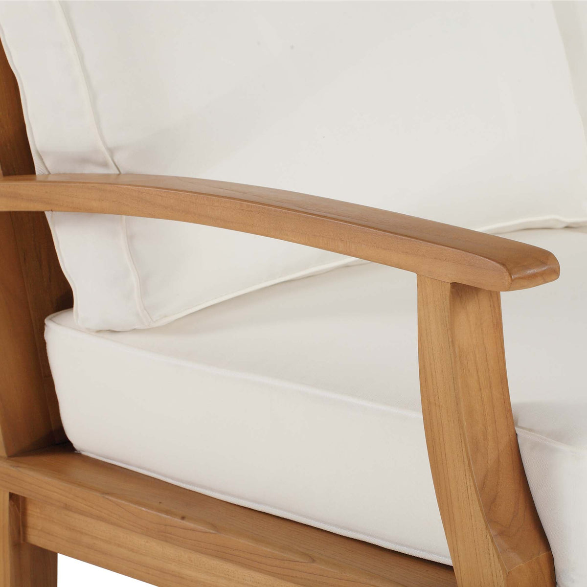 Marina outdoor teak sofa arm with white cushion and curved wood frame on Tampa Home & Garden Store