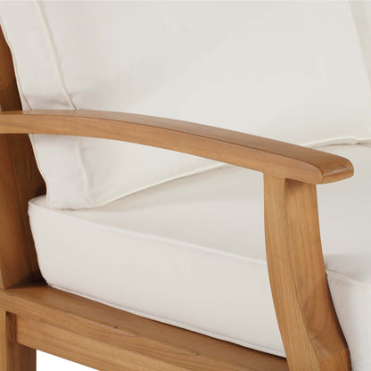 Marina outdoor teak sofa arm with white cushion and curved wood frame on Tampa Home & Garden Store