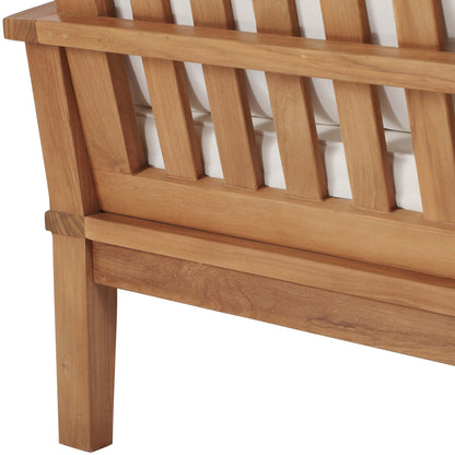 Marina Outdoor Patio Teak Sofa frame in natural teak with slatted back and beige cushion visible on Tampa Home & Garden Store