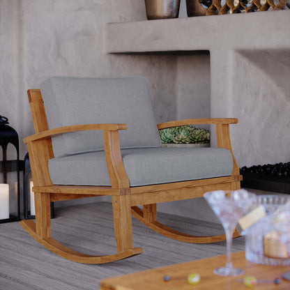 Marina Outdoor Patio Teak Rocking Chair by Modway with gray cushions and natural wood frame on Tampa Home & Garden Store