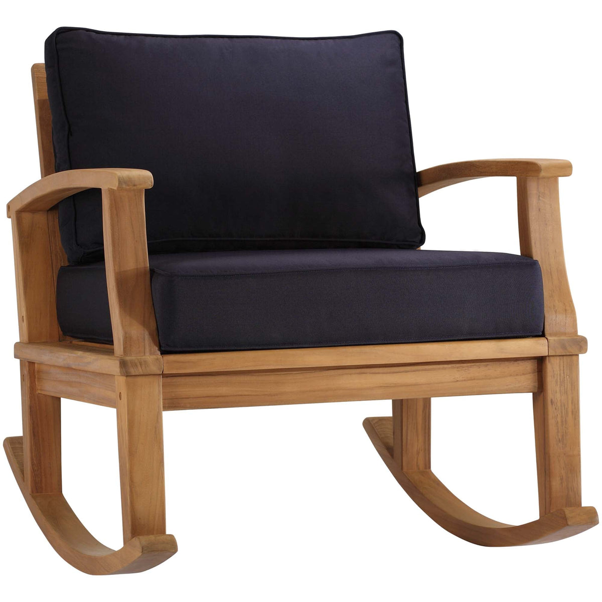 Marina outdoor teak rocking chair with navy cushions on Tampa Home & Garden Store