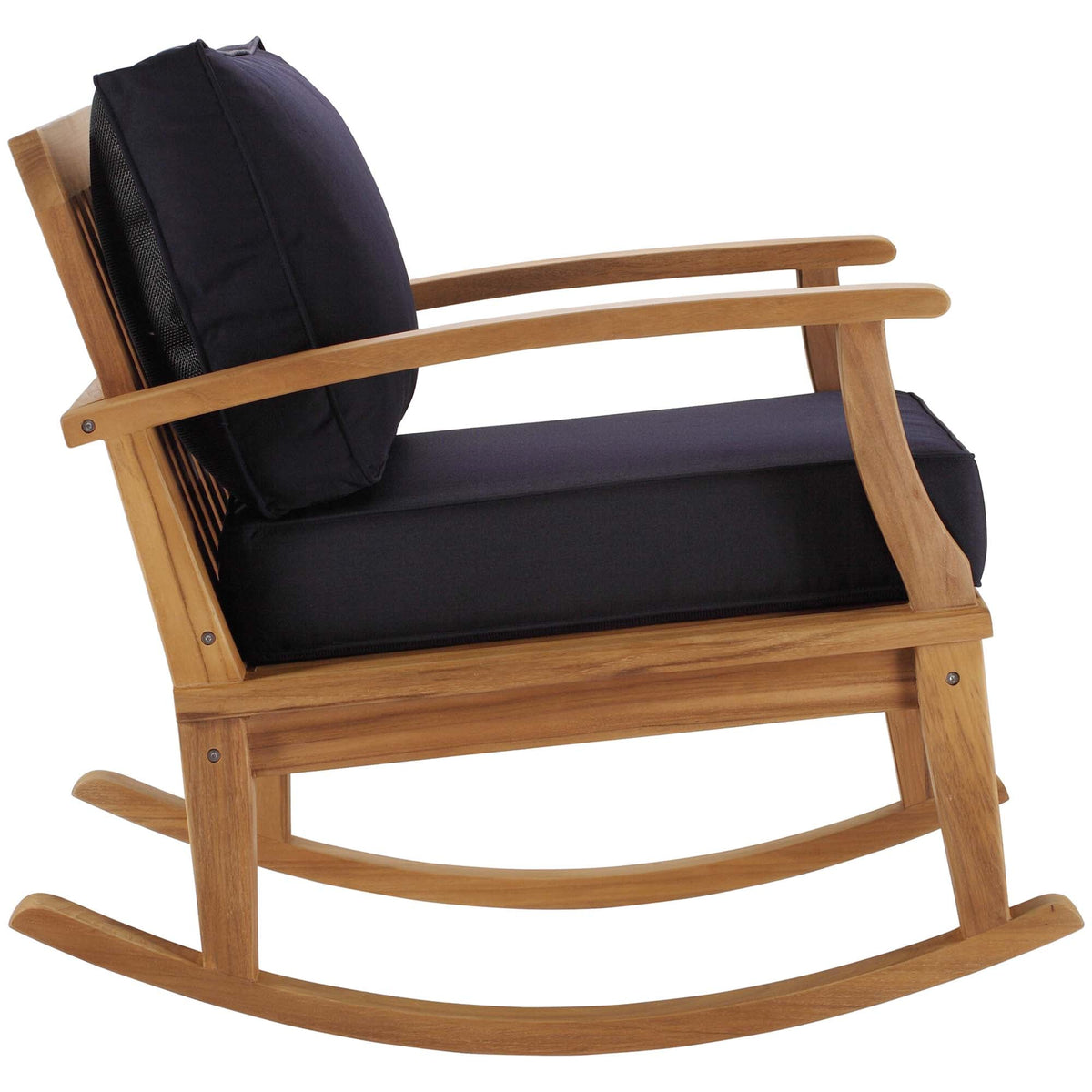 Marina outdoor teak rocking chair with navy cushions, curved armrests and a smooth rocking base on Tampa Home & Garden Store