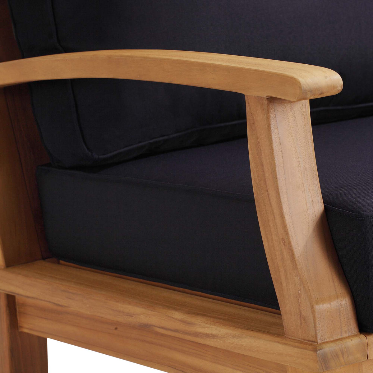 Marina outdoor teak rocking chair with natural wood frame and black cushion on Tampa Home & Garden Store