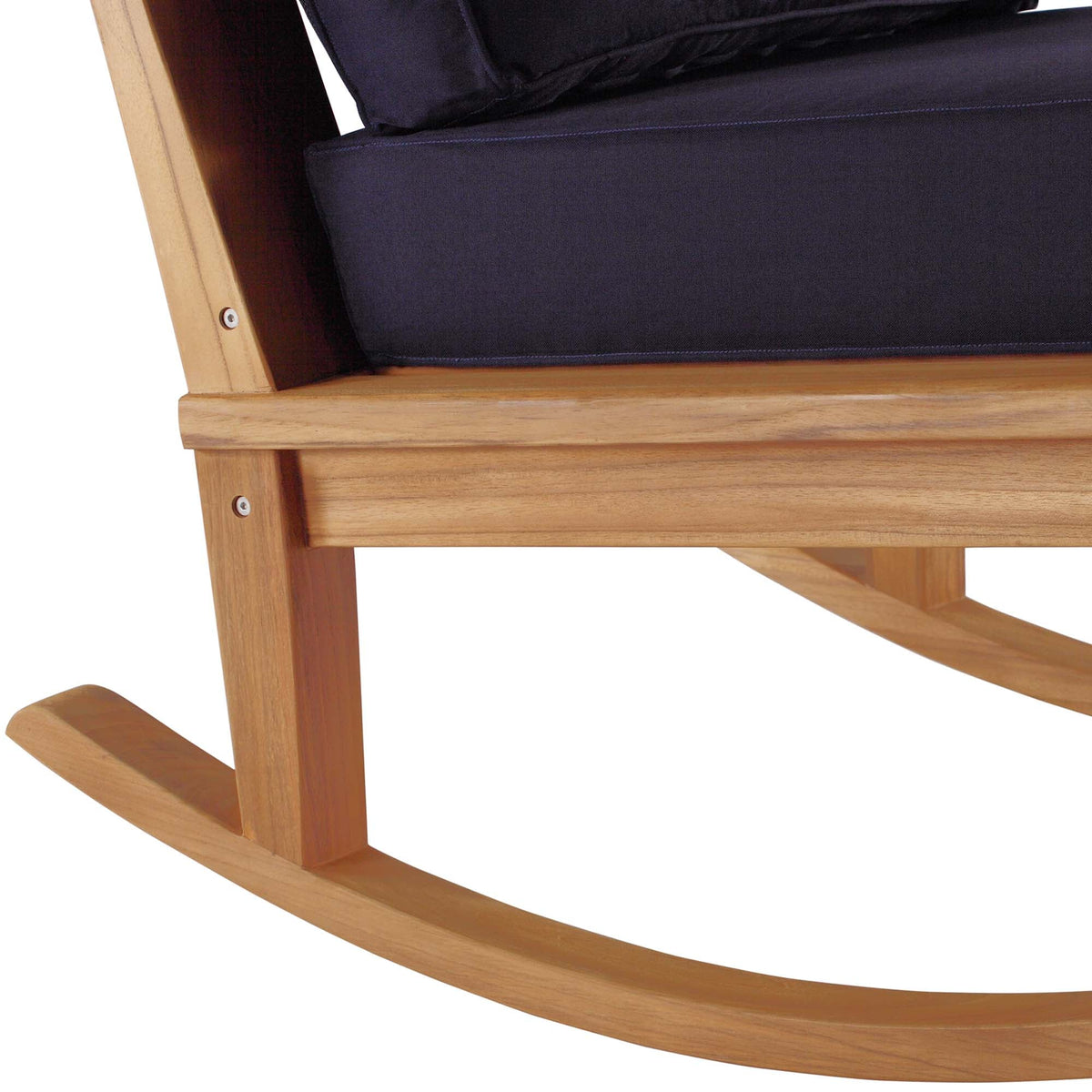 Marina outdoor teak rocking chair with navy cushions and natural wood frame on Tampa Home & Garden Store