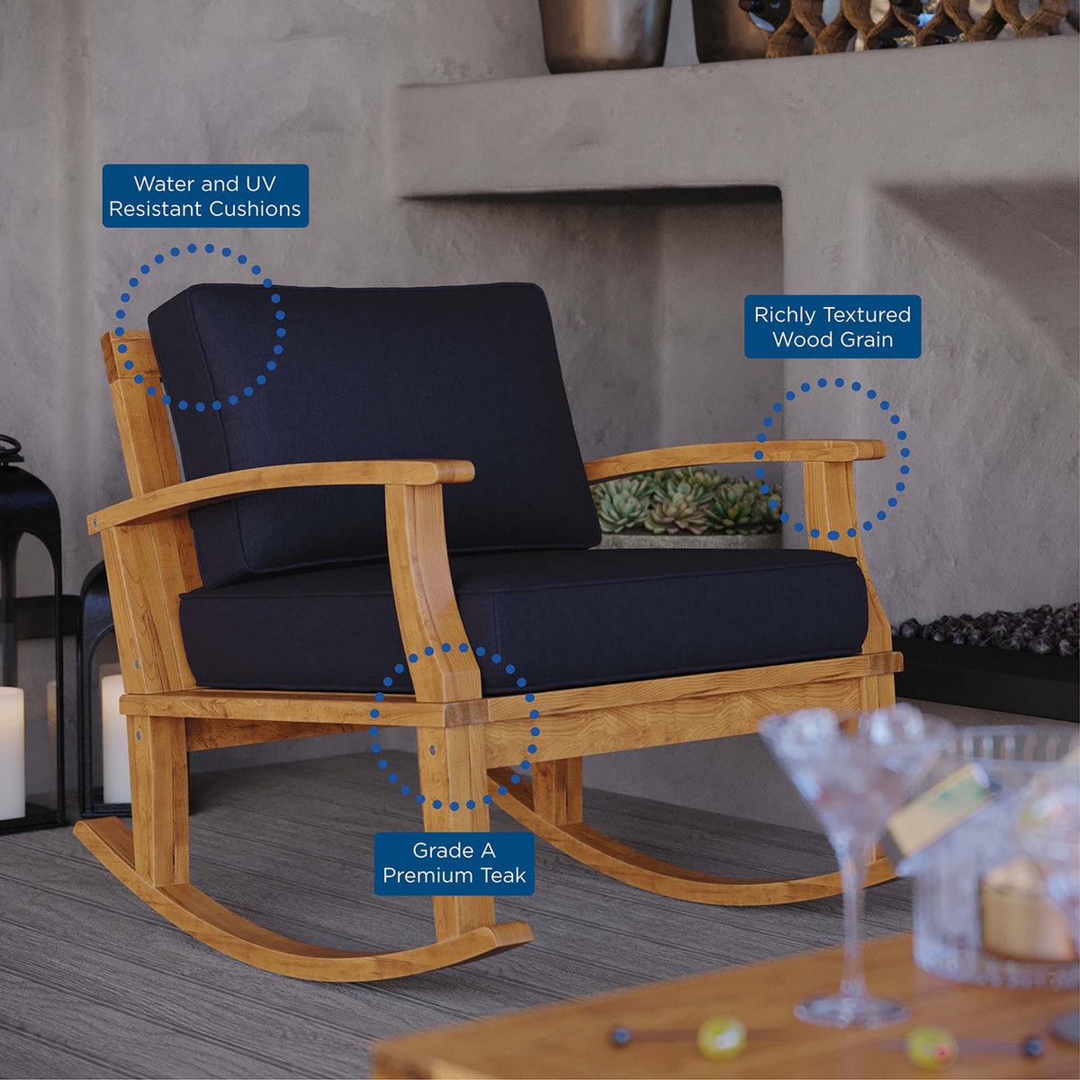Marina outdoor patio teak rocking chair with navy cushions and Grade A premium teak on Tampa Home & Garden Store
