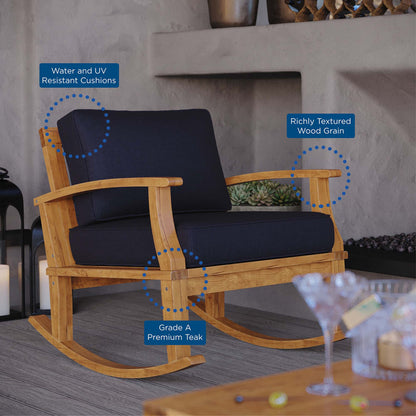 Marina outdoor patio teak rocking chair with navy cushions and Grade A premium teak on Tampa Home & Garden Store