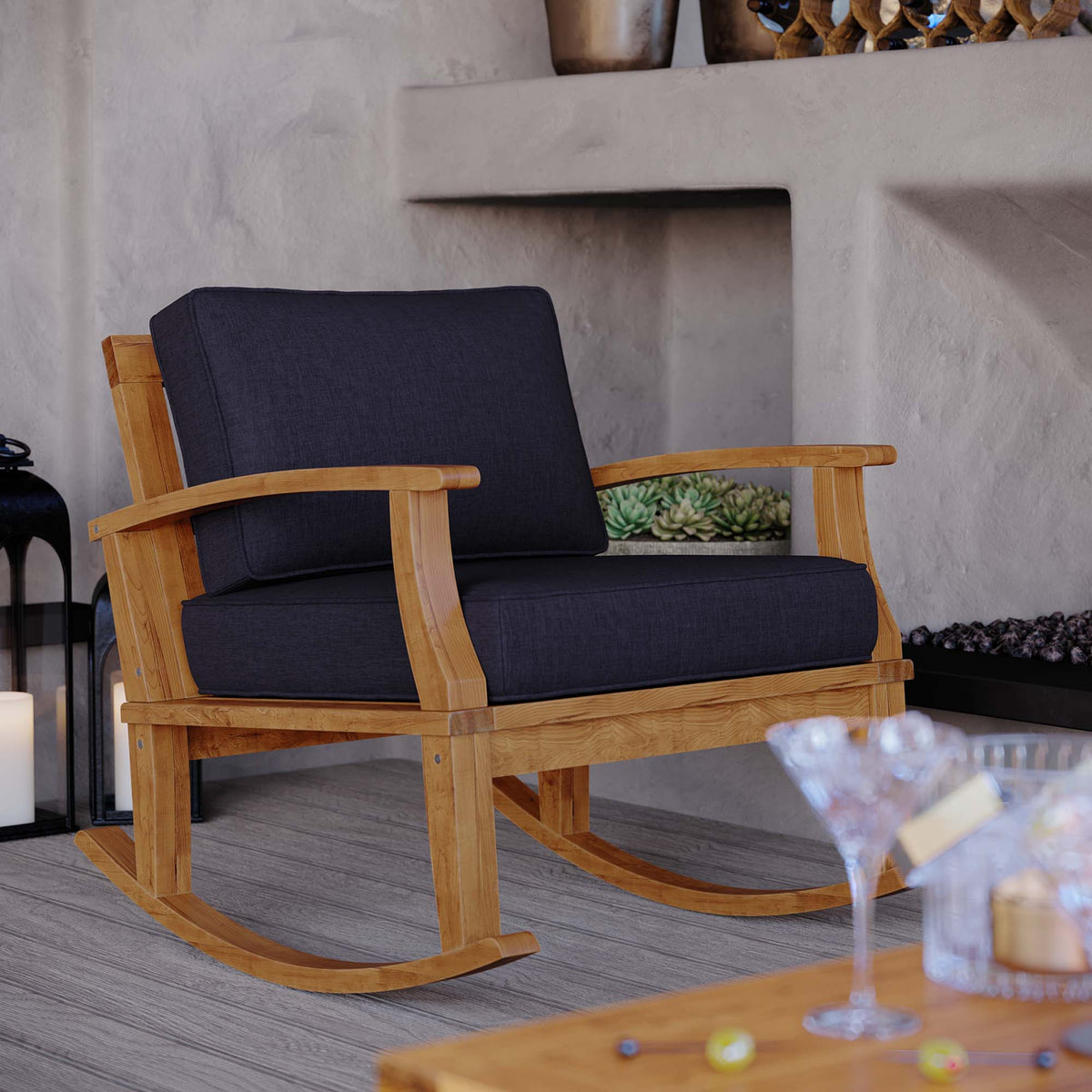 Marina outdoor teak rocking chair with dark navy cushions by Modway on Tampa Home & Garden Store