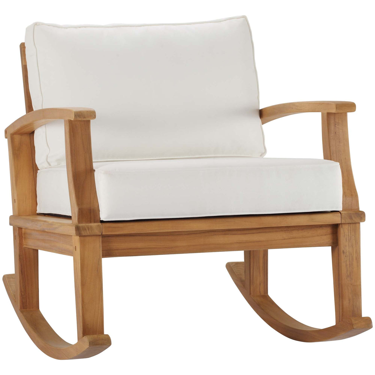 Marina outdoor teak rocking chair with white cushions, solid teak frame, single seat on Tampa Home & Garden Store