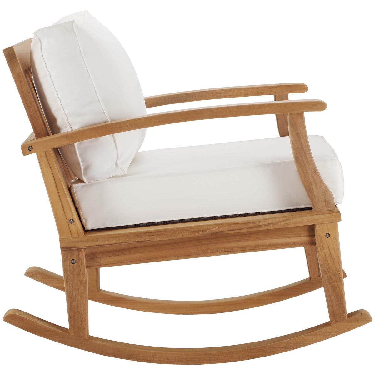 Marina outdoor teak rocking chair by Modway with white cushions and natural teak frame on Tampa Home & Garden Store