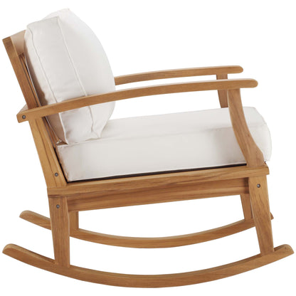 Marina outdoor teak rocking chair by Modway with white cushions and natural teak frame on Tampa Home & Garden Store