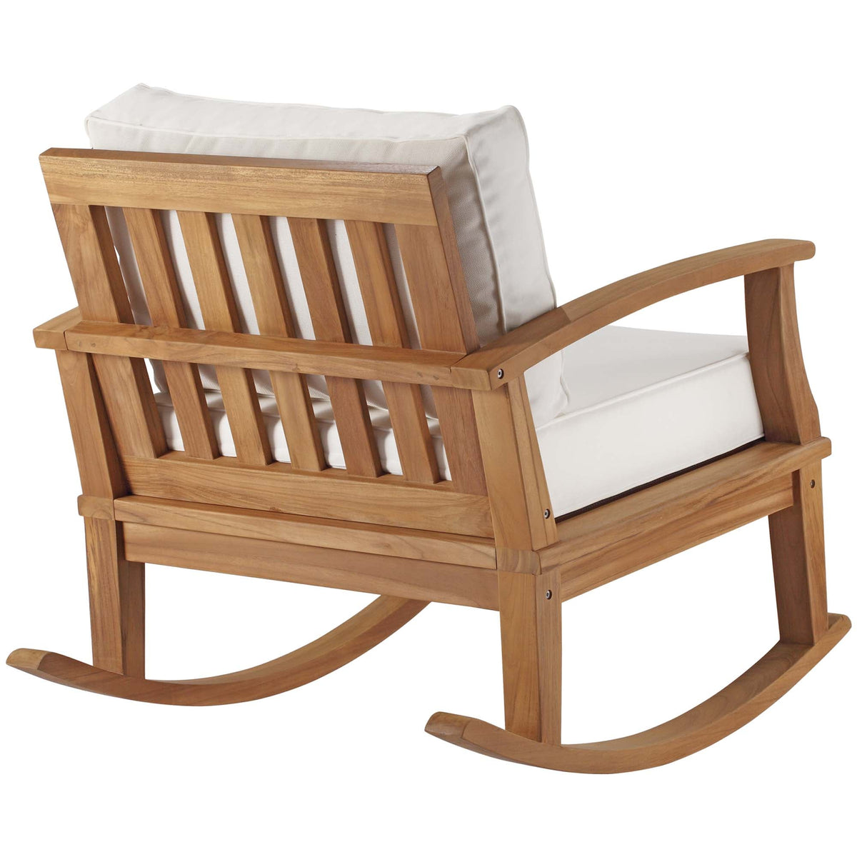 Marina outdoor teak rocking chair with beige cushion on natural wood frame HouseOfZazla on Tampa Home & Garden Store