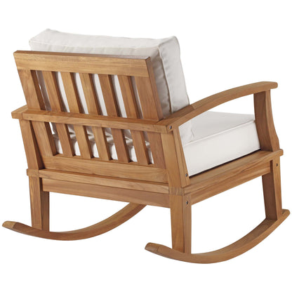Marina outdoor teak rocking chair with beige cushion on natural wood frame HouseOfZazla on Tampa Home & Garden Store