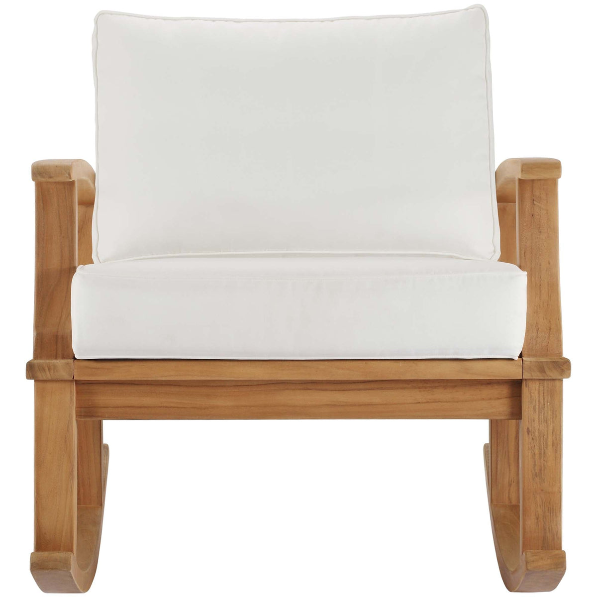 Marina outdoor teak rocking chair with white cushions and natural wood frame on Tampa Home & Garden Store