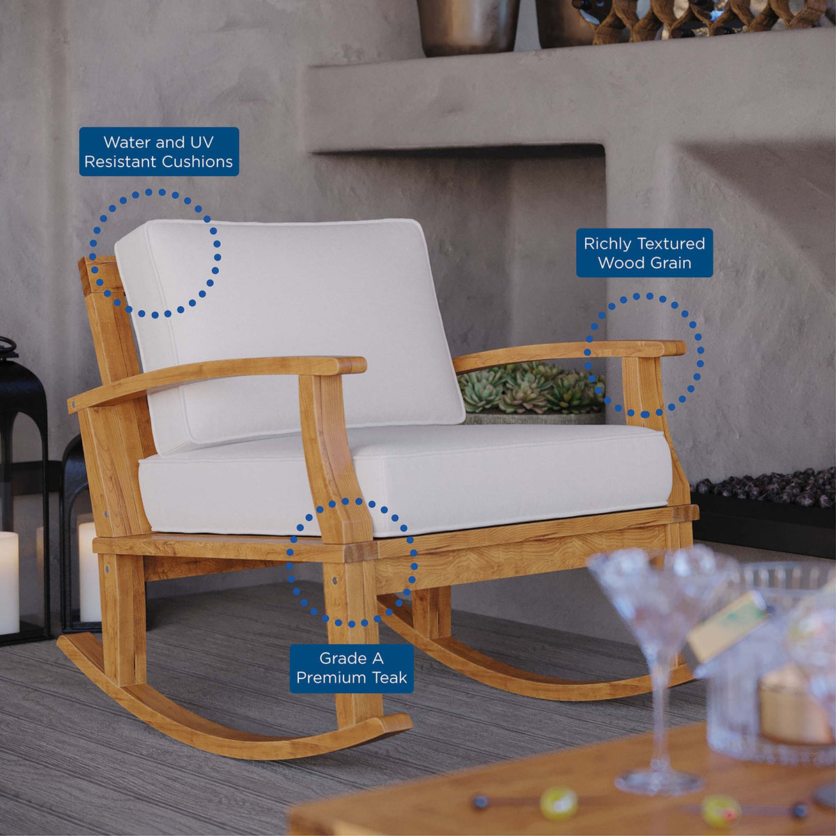 Marina outdoor teak rocking chair by Modway with white cushions, teak wood frame on Tampa Home & Garden Store