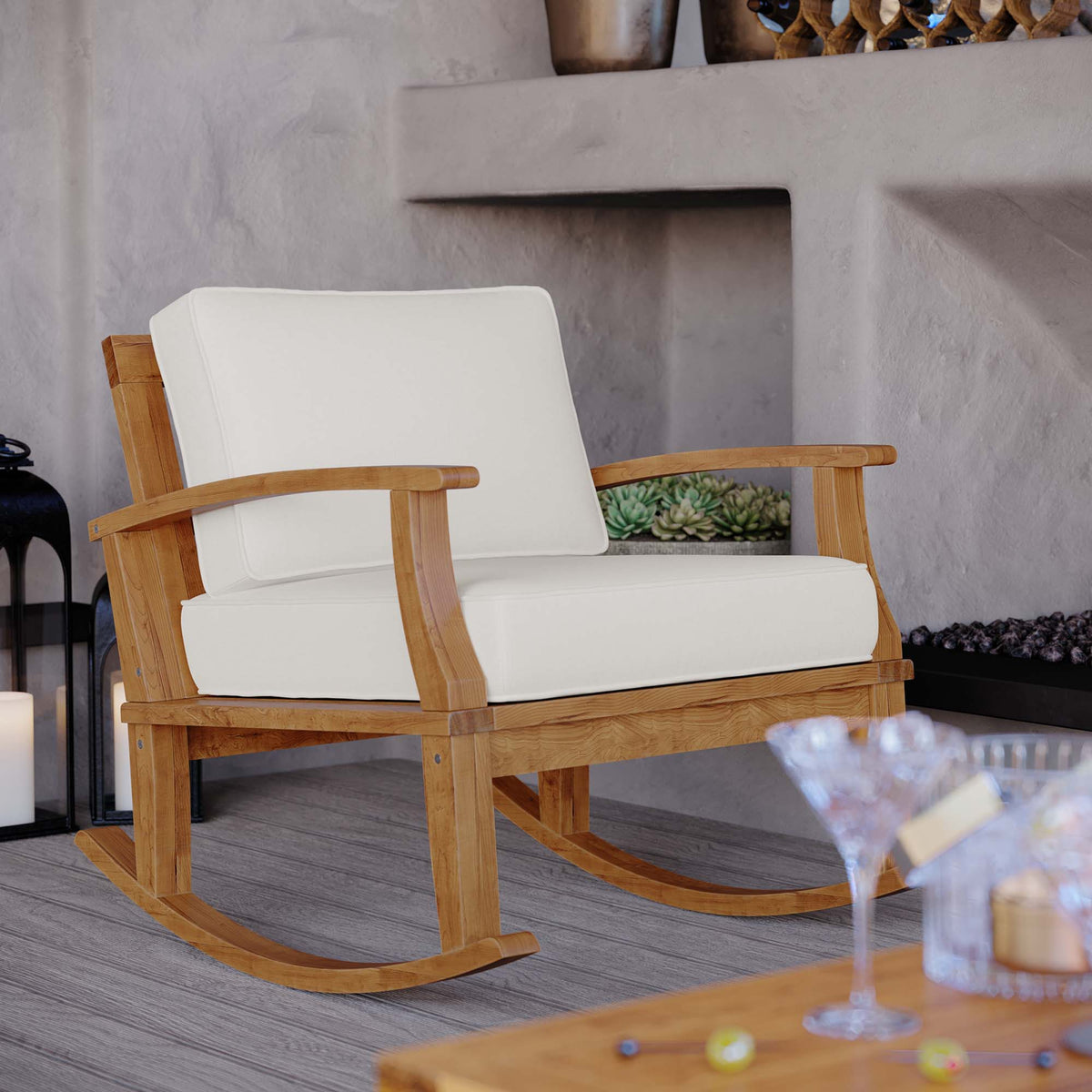 Marina outdoor teak rocking chair with white cushions by Modway on Tampa Home & Garden Store