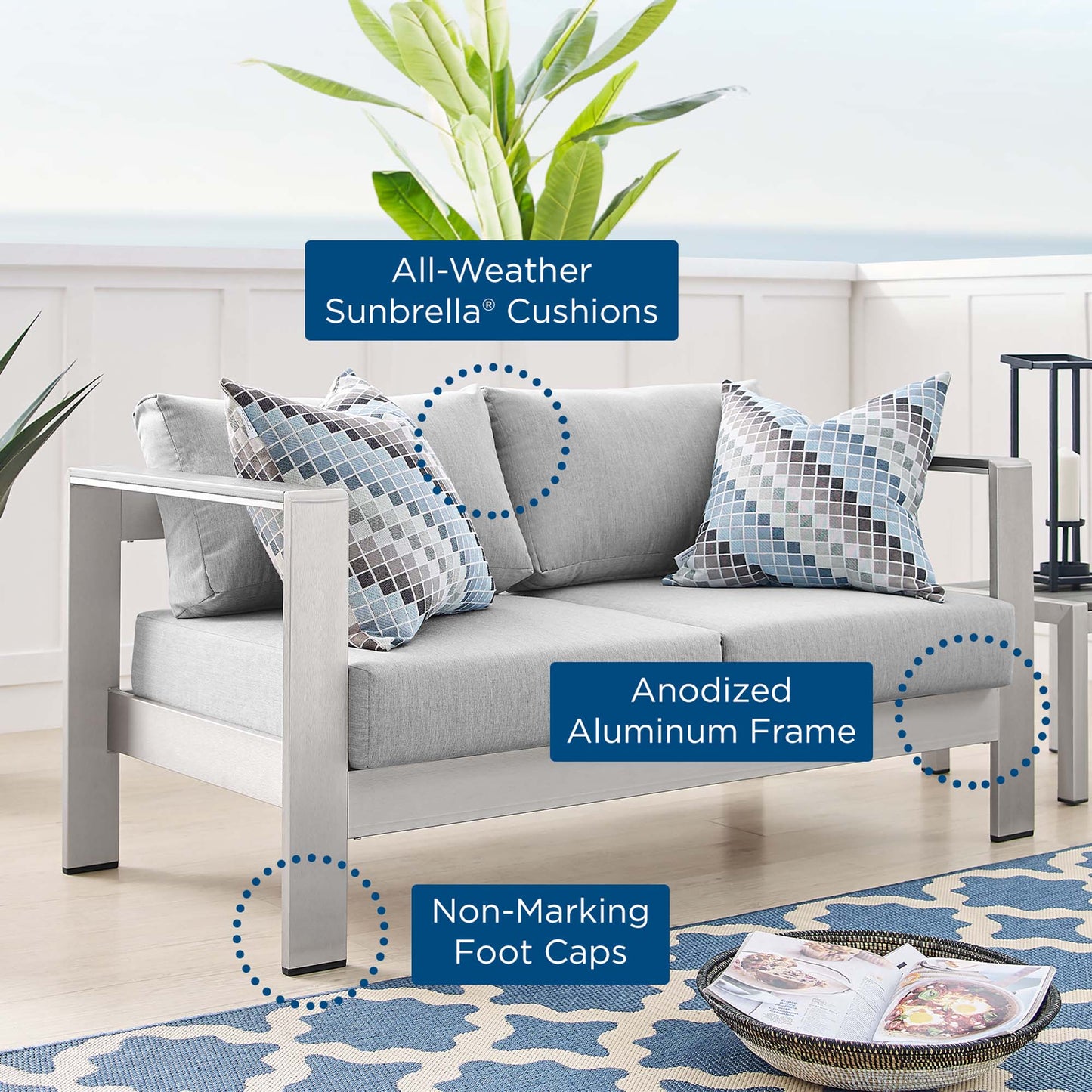 Shore Aluminum and Sunbrella Outdoor Loveseat