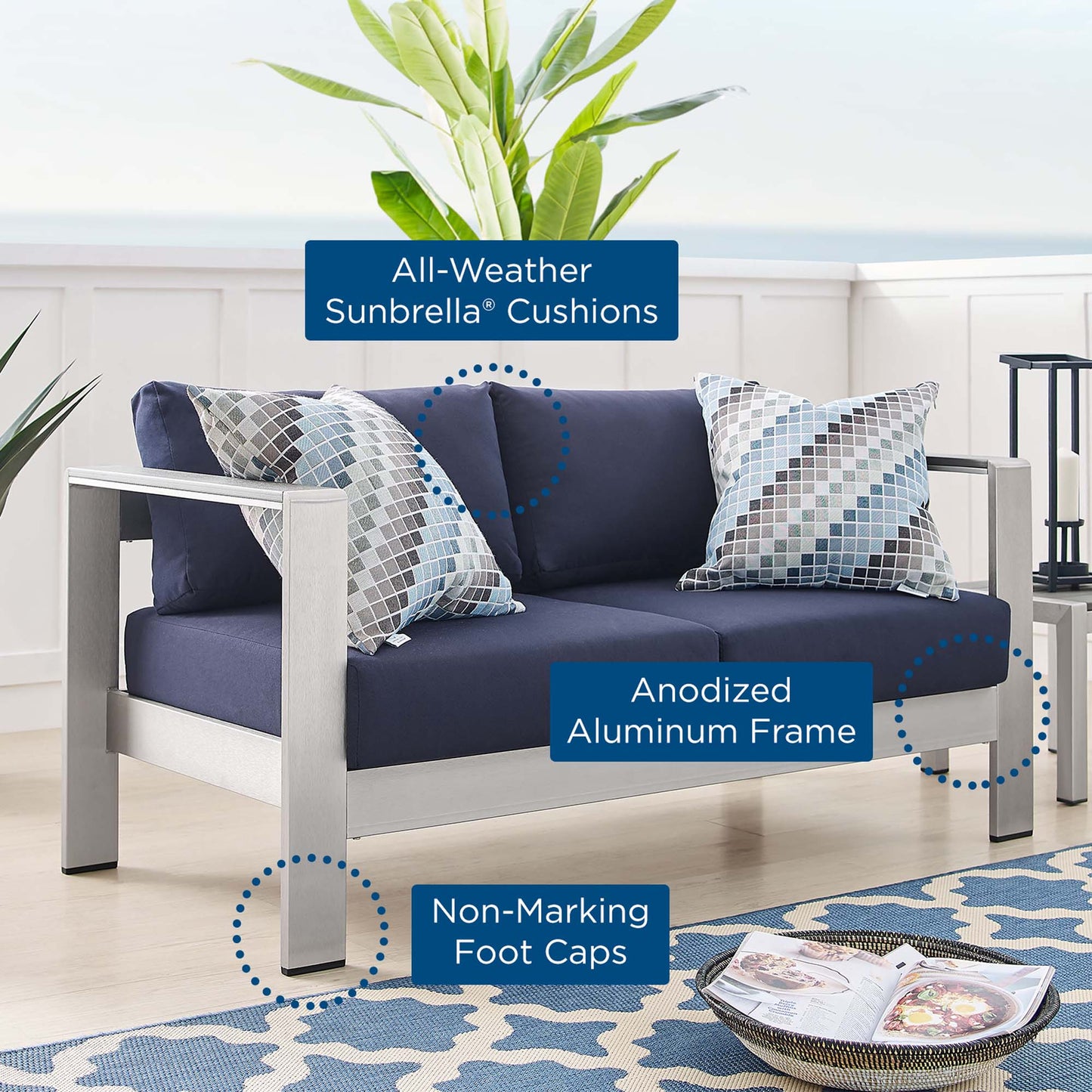 Shore Aluminum and Sunbrella Outdoor Loveseat