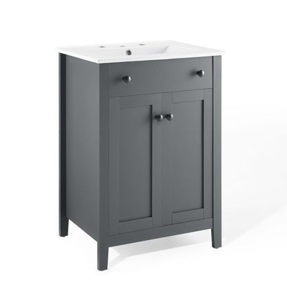 Nantucket Bathroom Vanity dark gray cabinet with white countertop and sink knob pulls on Tampa Home & Garden Store