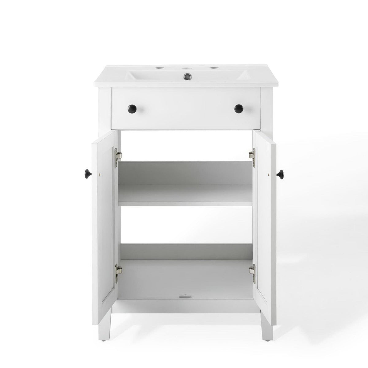 Nantucket Bathroom Vanity white wood vanity with black knob pulls, two-drawer top unit and lower cabinet storage HouseOfZazla on Tampa Home & Garden Store