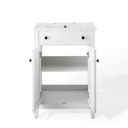 Nantucket Bathroom Vanity white wood vanity with black knob pulls, two-drawer top unit and lower cabinet storage HouseOfZazla on Tampa Home & Garden Store
