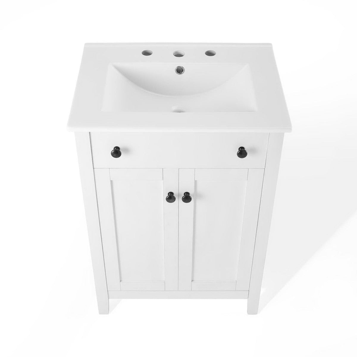 Nantucket bathroom vanity by Modway, white cabinet with ceramic sink and three-hole faucet deck on Tampa Home & Garden Store